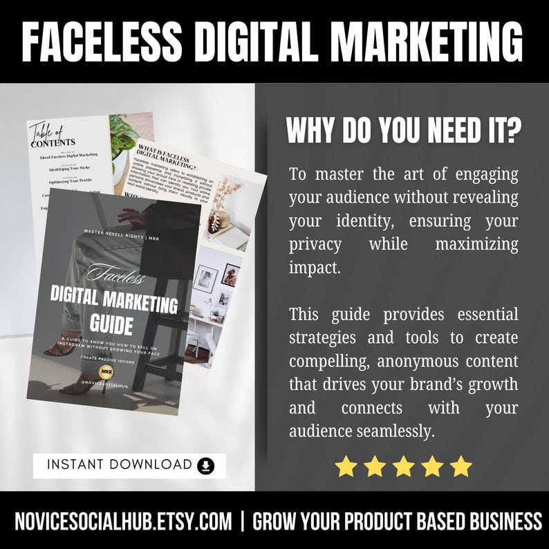 May include: A digital marketing guide titled "Faceless Digital Marketing Guide" with the text "Instant Download". The image includes a table of contents and a description of the guide's purpose: to engage audiences anonymously. The guide promises strategies for brand growth.