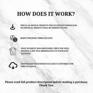 May include: How does it work? This is a digital product for an instant download. No physical product will be shipped to you. Make purchase through Etsy. Once payment has processed, then you will receive a PDF file immediately in your Etsy account. Download your designs & easily customize for free in Canva. Please read full product description before making a purchase. Thank You.