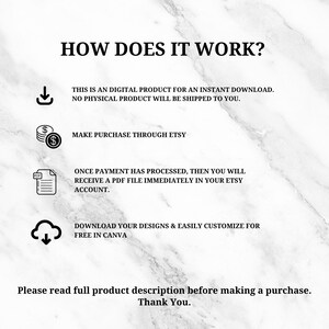 Puede incluir: Un fondo blanco y gris con un patr&oacute;n de m&aacute;rmol con el texto "&iquest;C&Oacute;MO FUNCIONA?" e instrucciones para descargas de productos digitales. Incluye iconos de descarga, compra, archivo PDF y Canva.