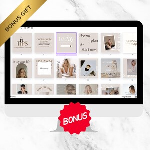 May include: A computer monitor displays a digital planner with various sections, including "Today" highlighted in a lavender box. The screen shows a grid of images and text, with a red "BONUS" sticker at the bottom and a gold "BONUS GIFT" banner.