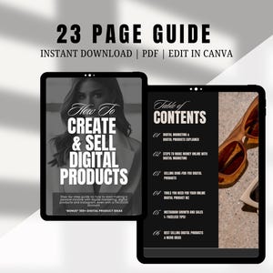 May include: A 23-page guide titled "How to Create & Sell Digital Products" with a table of contents listing topics like digital marketing, making money online, and tools for online digital product businesses. The guide is available for instant download as a PDF and can be edited in Canva.