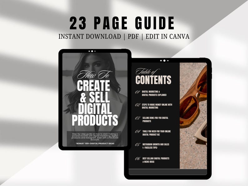 May include: A 23-page guide titled "How to Create & Sell Digital Products" with a table of contents listing topics like digital marketing, making money online, and tools for online digital product businesses. The guide is available for instant download as a PDF and can be edited in Canva.