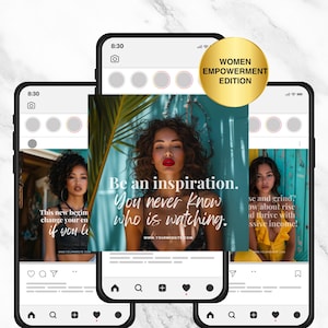 May include: Three Instagram phone screens with motivational quotes for women. The middle screen features a woman with curly hair and red lipstick, with the text "Be an inspiration. You never know who is watching." The text "www.yourwebsite.com" is below the quote. The left screen features a woman with curly hair and the text "This new begin change your en if you le". The right screen features a woman with curly hair and the text "se and grind? ow about rise id thrive with ssive income!"