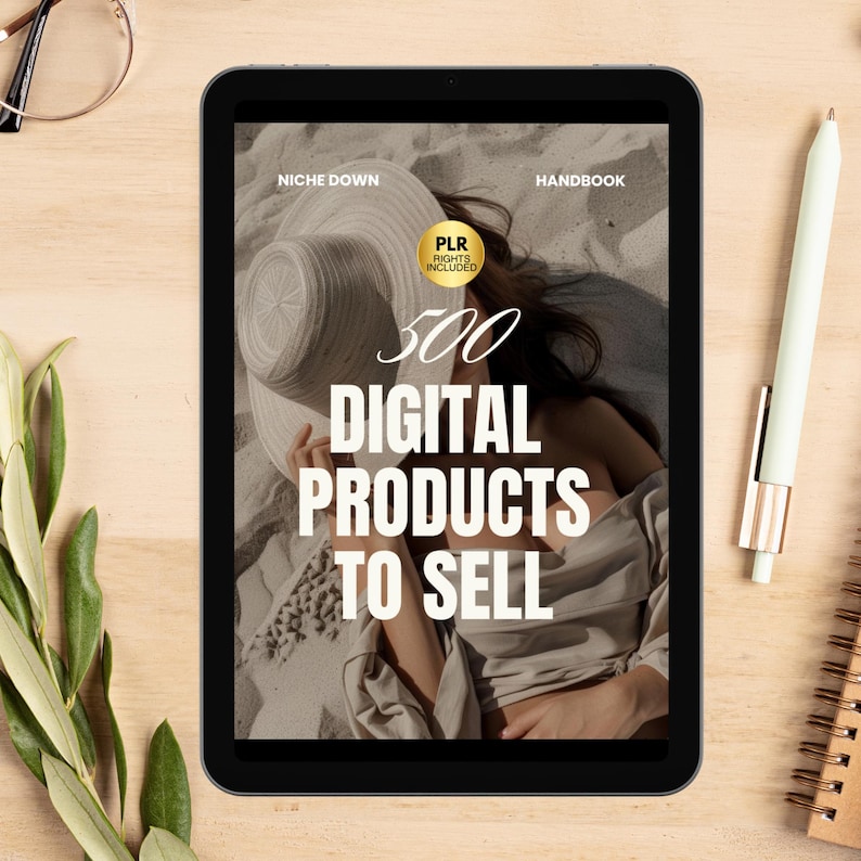 500 digital products to sell guide on ipad mockup