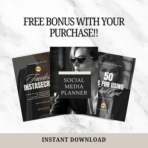 May include: Three black and white ebook covers with gold accents. The covers feature the text "Faceless Instasecrets", "Social Media Planner", and "50 Tips for Using That Opt". The text "FREE BONUS WITH YOUR PURCHASE!!" and "INSTANT DOWNLOAD" are also visible.