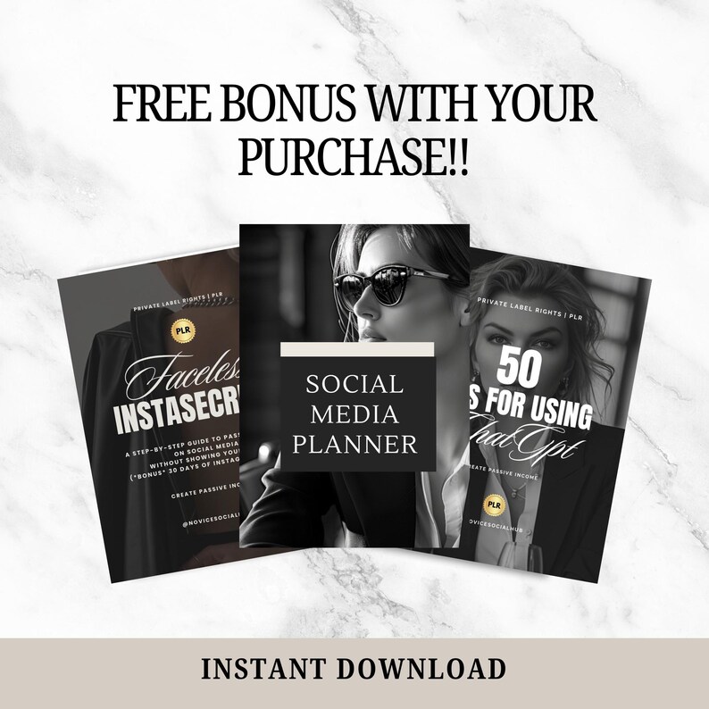 May include: Three black and white ebook covers with gold accents. The covers feature the text "Faceless Instasecrets", "Social Media Planner", and "50 Tips for Using That Opt". The text "FREE BONUS WITH YOUR PURCHASE!!" and "INSTANT DOWNLOAD" are also visible.