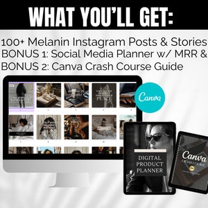 Peut inclure: Un ensemble de produits num&eacute;riques avec le texte "WHAT YOU'LL GET:" et les d&eacute;tails des &eacute;l&eacute;ments inclus : publications Instagram, un planificateur de m&eacute;dias sociaux et un guide de cours intensif Canva. L'image comprend un &eacute;cran d'ordinateur et deux tablettes.