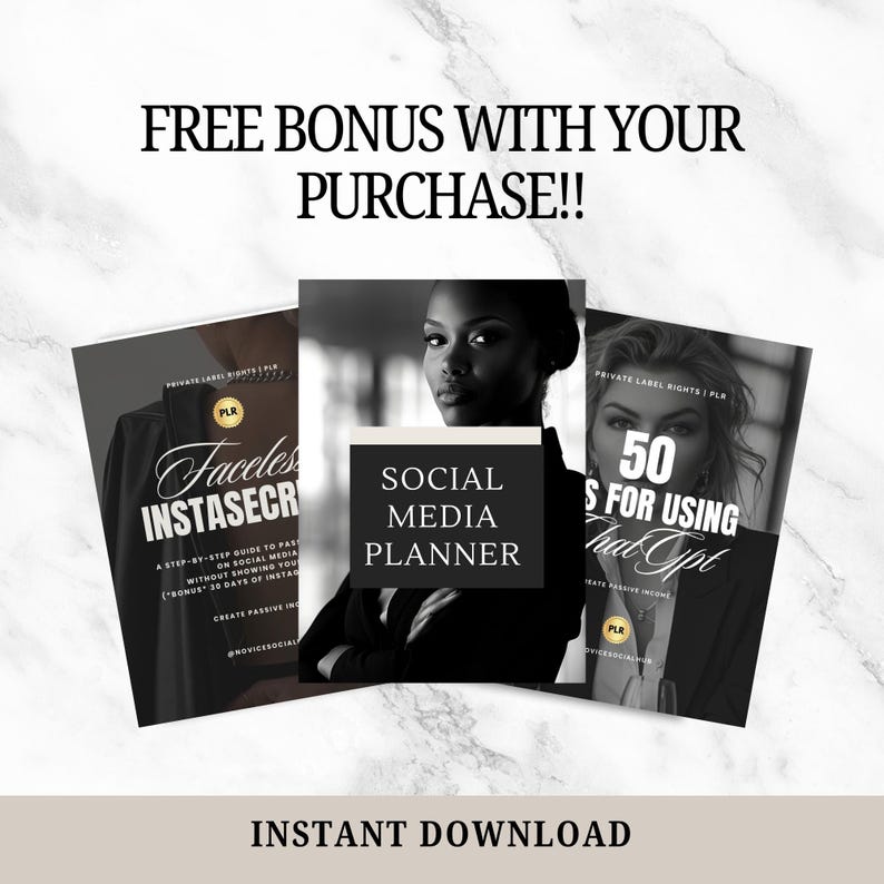 melanin social media planner, faceless instagram marketing guide, 50 Tips for using chatgpt prompts guide - free bonus mockup