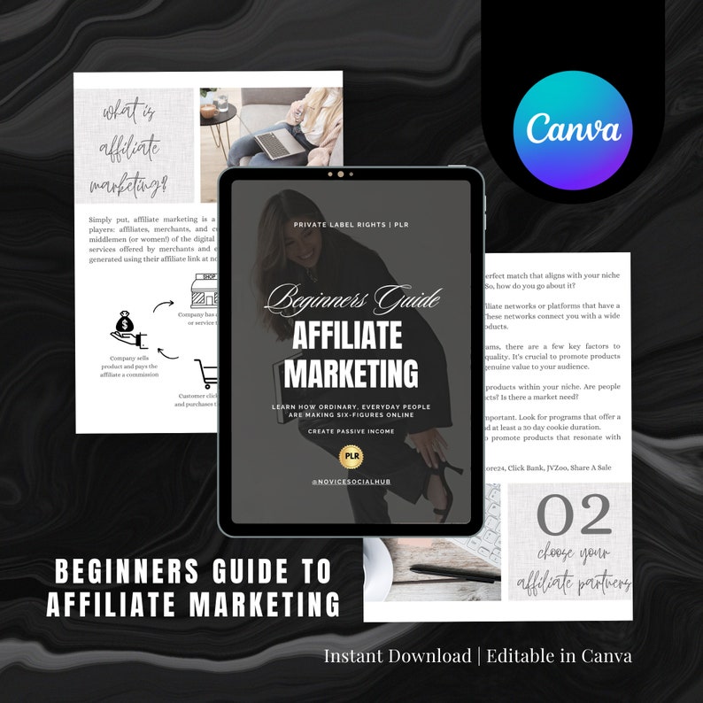 May include: A digital marketing guide titled "Beginners Guide to Affiliate Marketing" is displayed on a tablet. The cover features the title in large, bold letters. The image also includes the Canva logo and text about creating passive income.