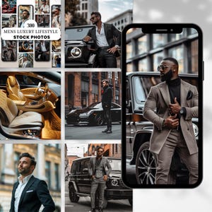 Könnte beinhalten: Eine Collage von Bildern, die Männer in stilvoller Kleidung und Luxusautos zeigen. Die Bilder zeigen einen luxuriösen Lebensstil, mit Männern in Anzügen, Mänteln und Sonnenbrillen, die mit teuren Autos posieren. Der Text "300 MENS LUXURY LIFESTYLE STOCK PHOTOS" wird oben in der Collage angezeigt.