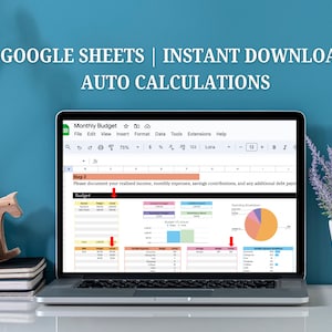 May include: A laptop screen shows a Google Sheets budget template with automatic calculations. The display features a monthly budget layout, detailing income, expenses, and spending breakdowns. Text at the top reads "GOOGLE SHEETS | INSTANT DOWNLOAD AUTO CALCULATIONS."