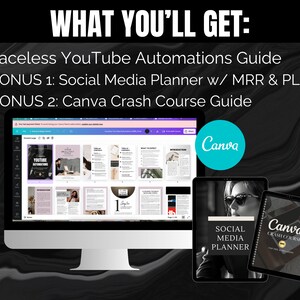 May include: A computer monitor displays a Faceless YouTube Automations Guide. Accompanying the guide are a Social Media Planner and a Canva Crash Course Guide. The Canva logo is visible. The background is black and white.
