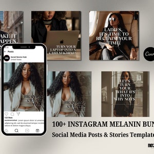 Peut inclure: Image promotionnelle pour des mod&egrave;les de m&eacute;dias sociaux. L'image pr&eacute;sente un smartphone affichant une publication Instagram, entour&eacute; de graphiques carr&eacute;s avec du texte tel que "Make it Happen" et "Branding Creates Value". Le texte "100+ Instagram Melanin Bundle" est &eacute;galement visible.