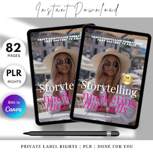 May include: 82-page ebook on the Ultimate Storytelling Marketing that Sells, featuring private label rights (PLR).  The cover showcases a woman in a sun hat and sunglasses.  The ebook is designed for Canva editing.  Pink and black color scheme is used throughout the design.