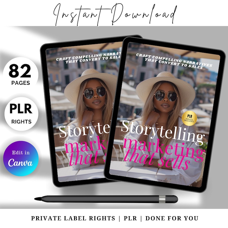 May include: 82-page ebook on the Ultimate Storytelling Marketing that Sells, featuring private label rights (PLR).  The cover showcases a woman in a sun hat and sunglasses.  The ebook is designed for Canva editing.  Pink and black color scheme is used throughout the design.