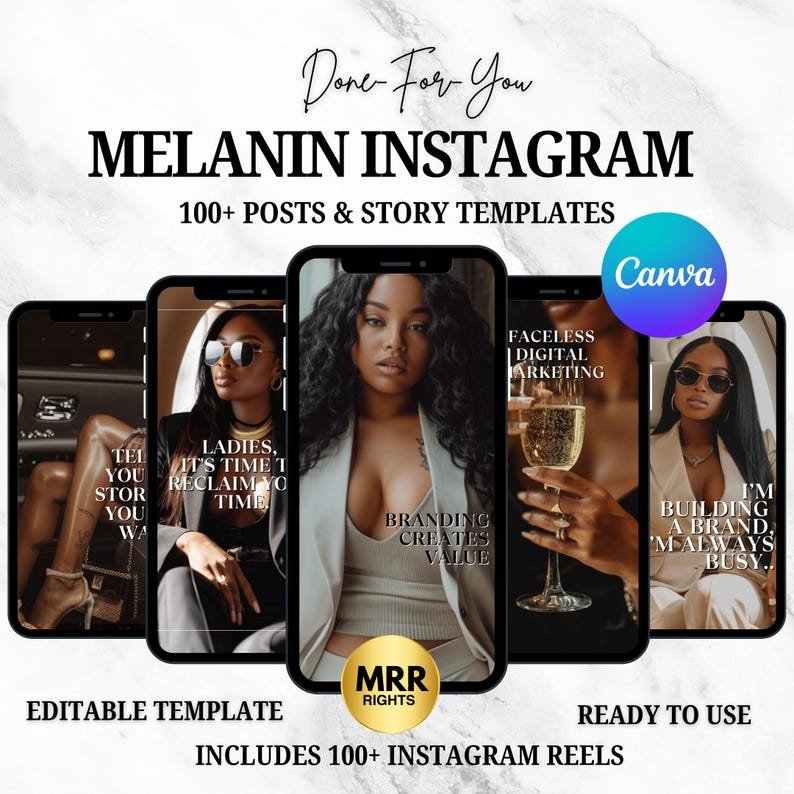melanin instagram posts and story templates on five iphone mockups