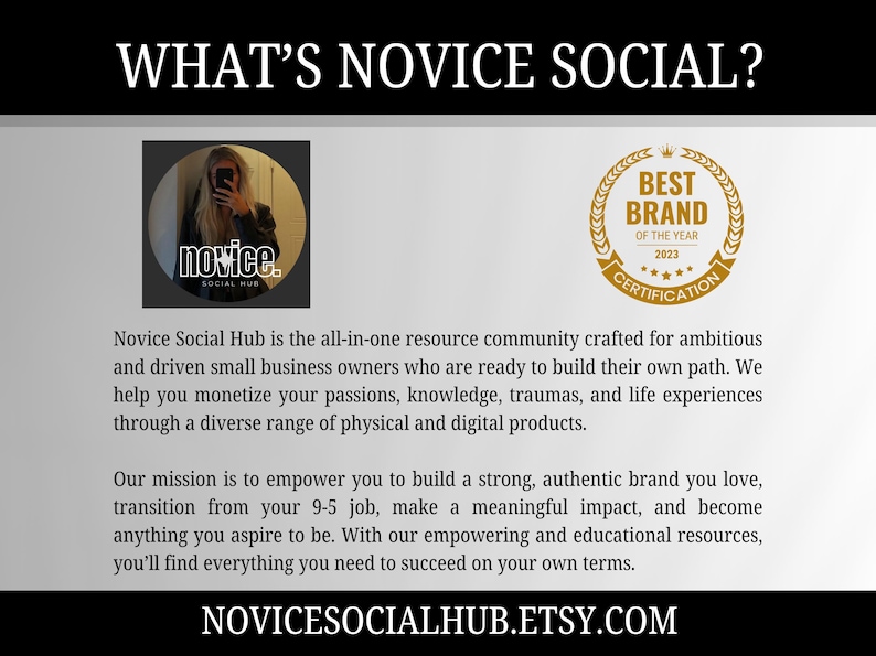 May include: A promotional graphic with the text "WHAT'S NOVICE SOCIAL?" features a circular logo with a person holding a phone, and a "BEST BRAND OF THE YEAR 2023" seal. The text below describes the brand's mission to empower small business owners.