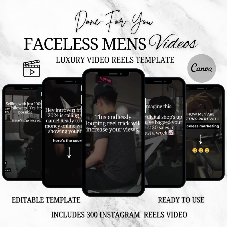 faceless men reels on five iphone mockups