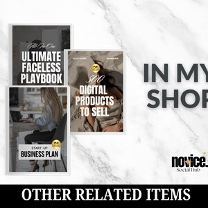 May include: Image features three digital product covers: "Ultimate Faceless Playbook," "500 Digital Products to Sell," and "Start-Up Business Plan." The text "In My Shop" is displayed prominently. The image is set against a marble background.