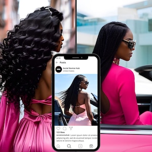 May include: Two women in pink dresses, one with long, wavy black hair and the other with braided hair, are featured in a split image. A smartphone displays a post from Social Novice Hub with a woman in a pink dress and sunglasses.