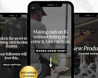 May include: Three Instagram story screenshots showing different ways to make money online. The first story shows a man wearing a grey sweatshirt with the text "Unlock the secret to creating viral faceless content. Our followers will love this... Read caption" and the text "Instagram Stories". The second story shows a man wearing a grey sweatshirt with the text "Making cash on IG without letting my crew & fam catch on. Wanna know how?" and an arrow pointing down. The third story shows a man working out with the text "New Product Coming Soon!"