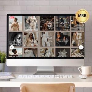 Peut inclure: Un &eacute;cran d'ordinateur affiche une grille d'images avec des citations de motivation et du contenu li&eacute; &agrave; la mode. L'&eacute;cran affiche un bouton d'enregistrement Pinterest et un sceau MRR dor&eacute;. Un bureau avec une plante, une tasse et un porte-crayons.