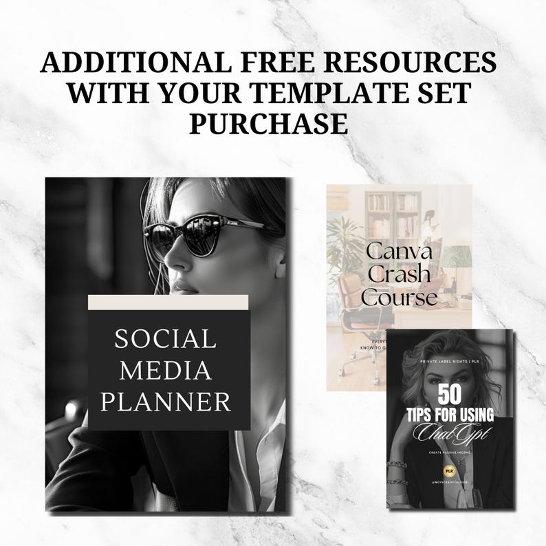 May include: A black and white image of a woman wearing sunglasses. The image is a mockup for a social media planner. The text "SOCIAL MEDIA PLANNER" is on the image. There are two other mockups for digital products: a Canva Crash Course and a guide with 50 tips for using Chat GPT.
