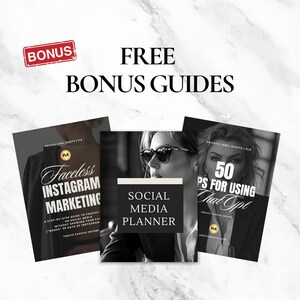 Peut inclure: L'image pr&eacute;sente trois guides avec le texte "FREE BONUS GUIDES". Les guides sont intitul&eacute;s "Faceless Instagram Marketing", "Social Media Planner" et "50 PS for Using Chat Gpt". Un autocollant rouge "BONUS" est visible.