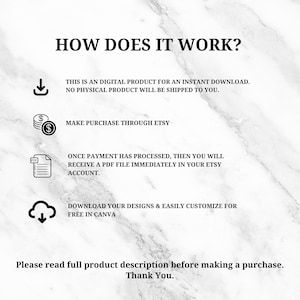 May include: A digital product information graphic with the title "HOW DOES IT WORK?" on a marble background. The text explains the download process: purchase on Etsy, receive a PDF, and customize in Canva.