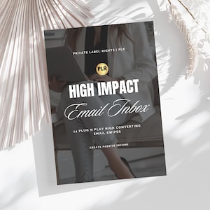 Pode incluir: Uma capa de livro branca e dourada com o título "HIGH IMPACT Email Inbox" em letras brancas grandes. A capa também inclui o texto "PRIVATE LABEL RIGHTS | PLR", "14 PLUG N PLAY HIGH CONVERTING EMAIL SWIPES" e "CREATE PASSIVE INCOME".