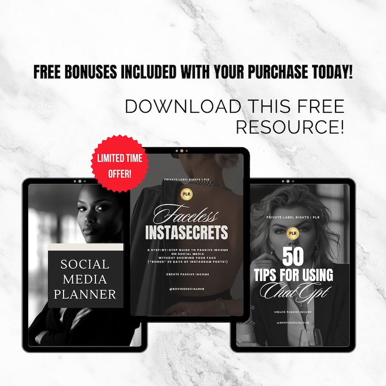 May include: Three digital tablets displaying marketing materials. The center tablet features the text "Faceless InstaSecrets". The left tablet says "Social Media Planner". The right tablet says "50 Tips for Using Chat Gpt". A red circle reads "Limited Time Offer!"