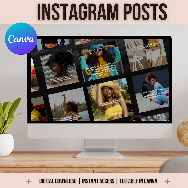 May include: A computer monitor displays a Canva template for Instagram posts. The screen shows a grid of images with text overlays. The top text reads "INSTAGRAM POSTS." Below the screen are the words "DIGITAL DOWNLOAD | INSTANT ACCESS | EDITABLE IN CANVA."