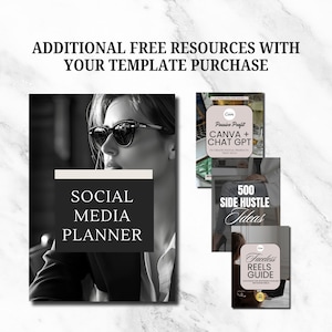 May include: A collage of four digital product covers. The top left cover features a black and white photo of a woman wearing sunglasses and the text "Social Media Planner". The top right cover features a pink and white design with the text "Passive Profit Canva + Chat GPT". The bottom left cover features a pink and white design with the text "500 Side Hustle Ideas". The bottom right cover features a pink and white design with the text "Faceless Reels Guide".