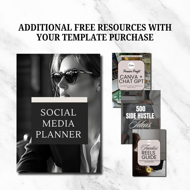 May include: A collage of four digital product covers. The top left cover features a black and white photo of a woman wearing sunglasses and the text "Social Media Planner". The top right cover features a pink and white design with the text "Passive Profit Canva + Chat GPT". The bottom left cover features a pink and white design with the text "500 Side Hustle Ideas". The bottom right cover features a pink and white design with the text "Faceless Reels Guide".