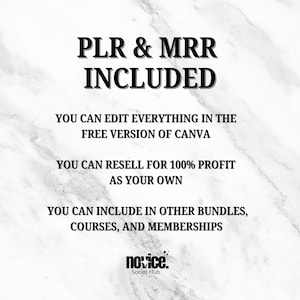May include: Black and white text on a white marble background. The text reads "PLR & MRR INCLUDED" and includes information about editing, reselling, and including the product in other bundles. The text also includes the logo "novice. Social Hub".