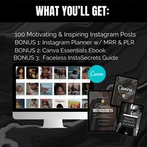 May include: A computer monitor displays a grid of Instagram posts. Accompanying the monitor are several tablets showcasing digital products, including a Canva crash course and a digital product planner. Text reads "WHAT YOU'LL GET:" and lists digital content.