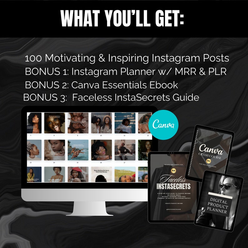 May include: A computer monitor displays a grid of Instagram posts. Accompanying the monitor are several tablets showcasing digital products, including a Canva crash course and a digital product planner. Text reads "WHAT YOU'LL GET:" and lists digital content.