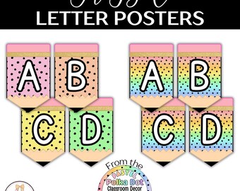 ABC Alphabet Posters Printable | Pastel Rainbow Classroom Decor | Polka Dot Pencil Letters | Instant Download