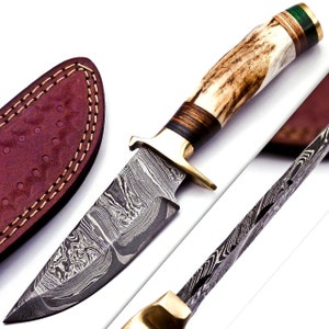 Personalized 8-inch Damascus Steel Hunting knife Handle Stag Antler W leather Cover Handle Clip shape could be different than in the Pics