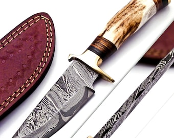 Handmade Damascus Steel Hunting Knife: Stag Antler Handle W leather Cover Handle Clip shape could be different than in the Pics