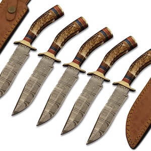 Personalized Set of 10-inch Damascus Steel Hunting knife Handle Stag Antler W leather Cover Handle shape could be different than in the Pics