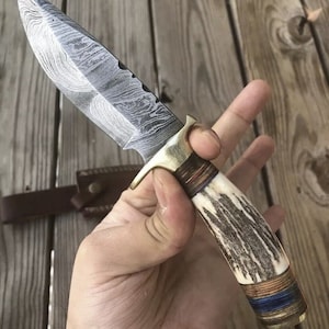 Personalized 8 inch Damascus Steel Hunting knife Handle Stag Antler W leather Cover Handle Clip shape could be different than in the Pics