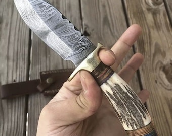 Hand Forged Damascus Steel Hunting Knife with Stag Antler Handle W leather Cover Handle Clip shape could be different than in the Pics