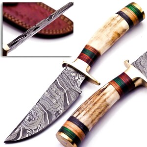 Personalized 8-inch Damascus Steel Hunting knife Handle Stag Antler W leather Cover Handle Clip shape could be different than in the Pics