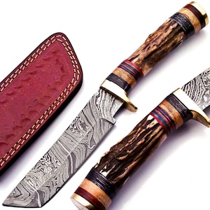 Personalized 8-inch Damascus Steel Hunting knife Handle Stag Antler W leather Cover Handle Clip shape could be different than in the Pics