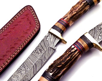 Personalized Damascus Steel Hunting Knife, Stag Antler Handle, W leather Cover Handle Clip shape could be different than in the Pics