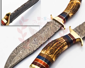 Personalized Damascus Steel Hunting Knife with Stag Antler Handle W leather Cover Handle Clip shape could be different than in the Pics