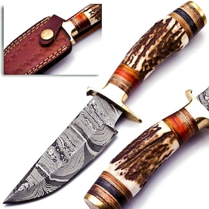 Personalized 7-inch Damascus Steel Hunting knife Handle Stag Antler W leather Cover Handle Clip shape could be different than in the Pics