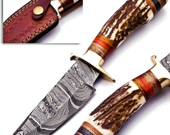 Cuchillo de caza personalizado de acero de Damasco, mango de asta de ciervo con funda de cuero. La forma del clip del mango puede variar respecto a las fotos.