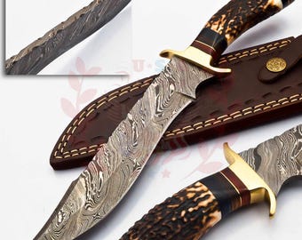 Personalized Damascus Steel Hunting Knife, Stag Antler Handle W leather Cover Handle Clip shape could be different than in the Pics